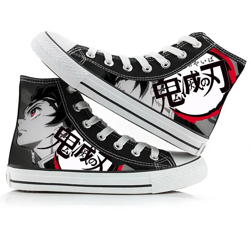 Black high-top sneakers with anime character design and Japanese text on a white background