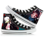Pair of high-top sneakers with anime character designs on a white background
