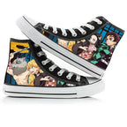 Black high-top sneakers with anime character prints on a white background
