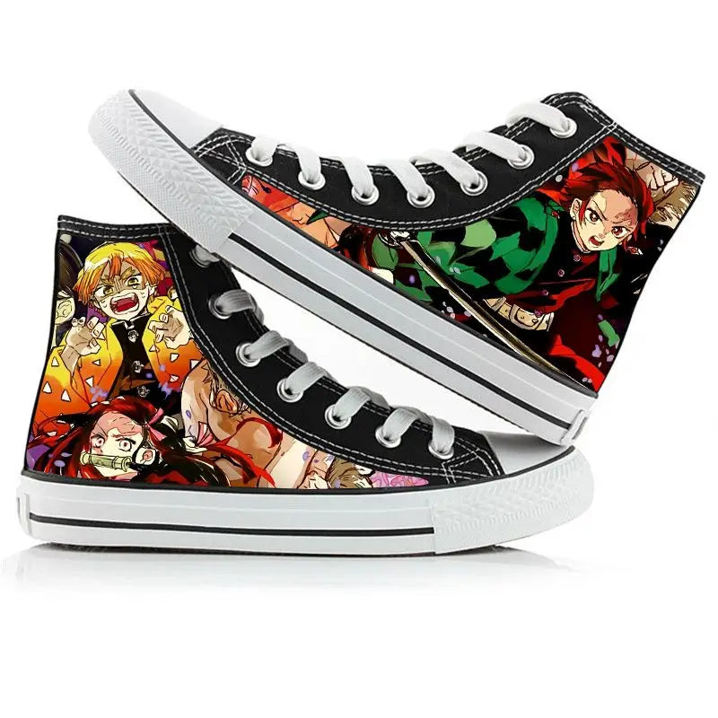Black high-top sneakers with colorful anime character designs on a white background