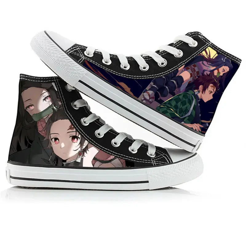 Black high-top sneakers with anime character designs on a white background