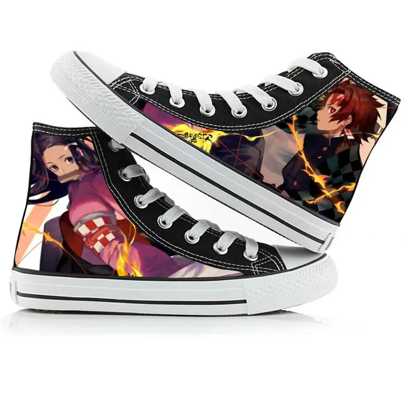 Black high-top sneakers with anime character designs on a white background