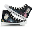 Black high-top sneakers with anime character designs on a white background