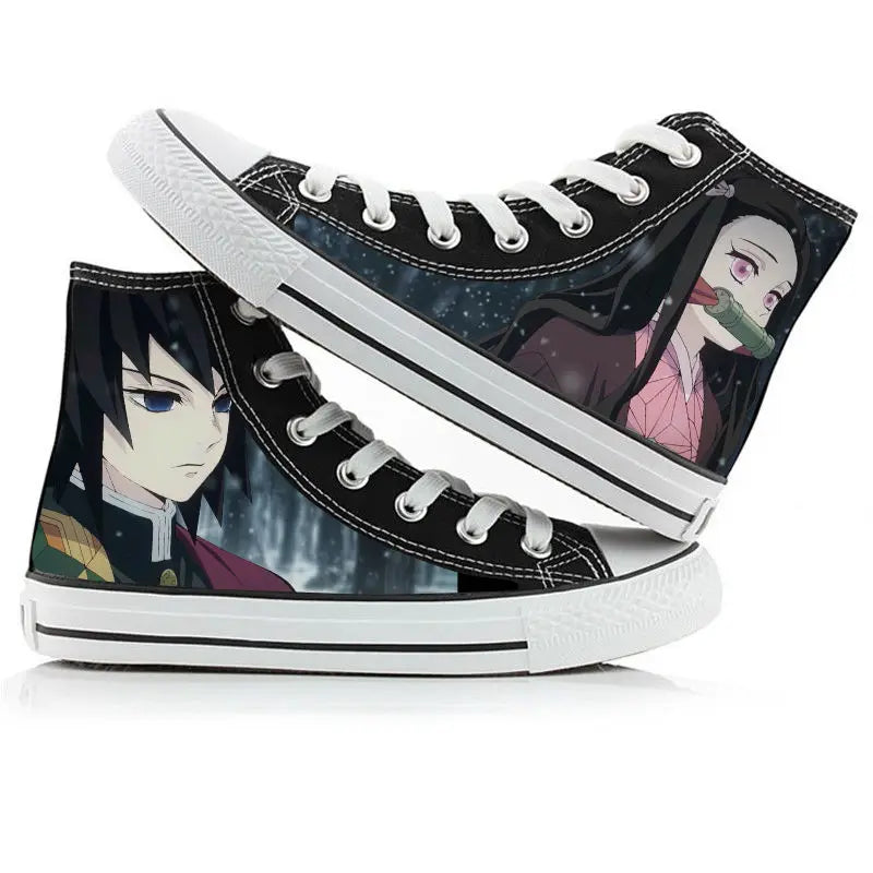 Black high-top sneakers with anime character designs on a white background