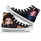 Black high-top sneakers with anime character prints on a white background