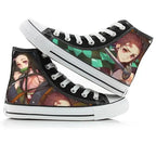 Black high-top sneakers with anime character designs on a white background
