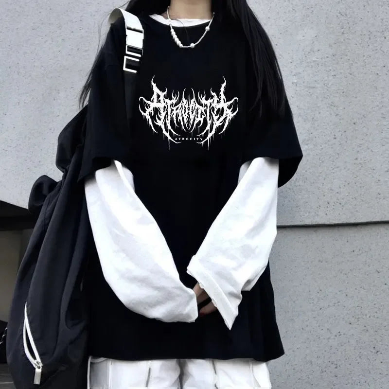Atrocity print Gothic Graphic Double Long Sleeved baggy Tshirt black white