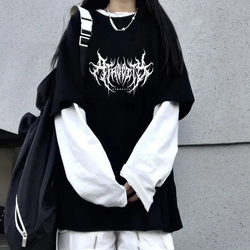 Atrocity print Gothic Graphic Double Long Sleeved baggy Tshirt black white
