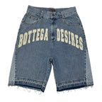 Blue denim shorts with 'Bottega Desires' text on a white background