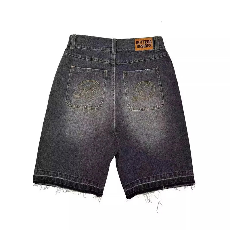 Denim shorts with brand label Bottega Desires on a white background