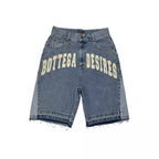 Denim shorts with 'Bottega Desires' text on a white background