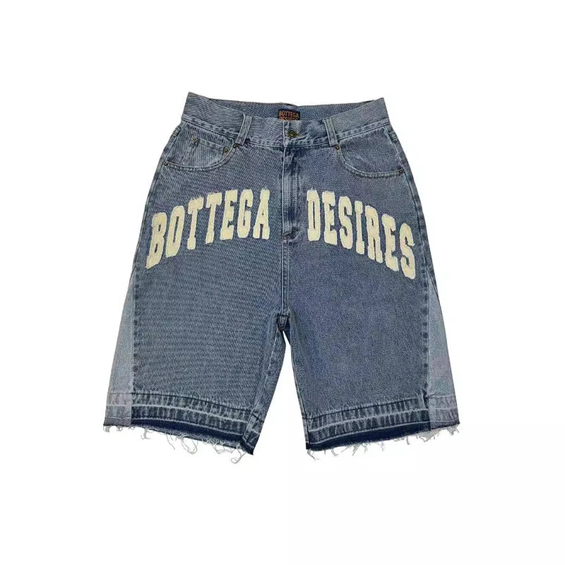 Denim shorts with 'Bottega Desires' text on a white background