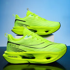 Neon green running shoes on a reflective surface with a blue gradient background