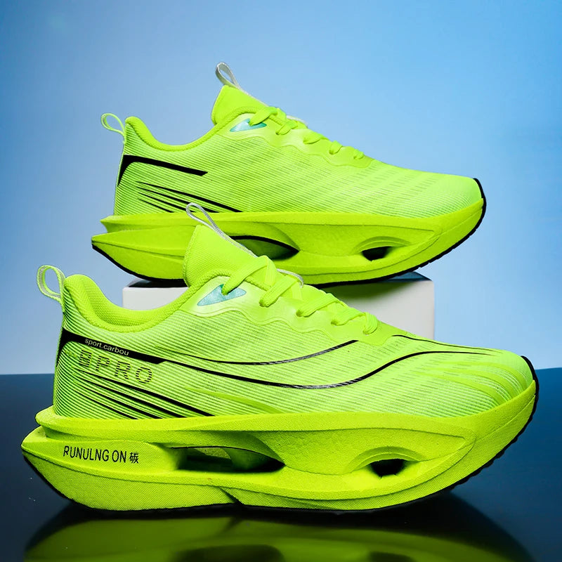 Neon green running shoes on a reflective surface with a blue gradient background
