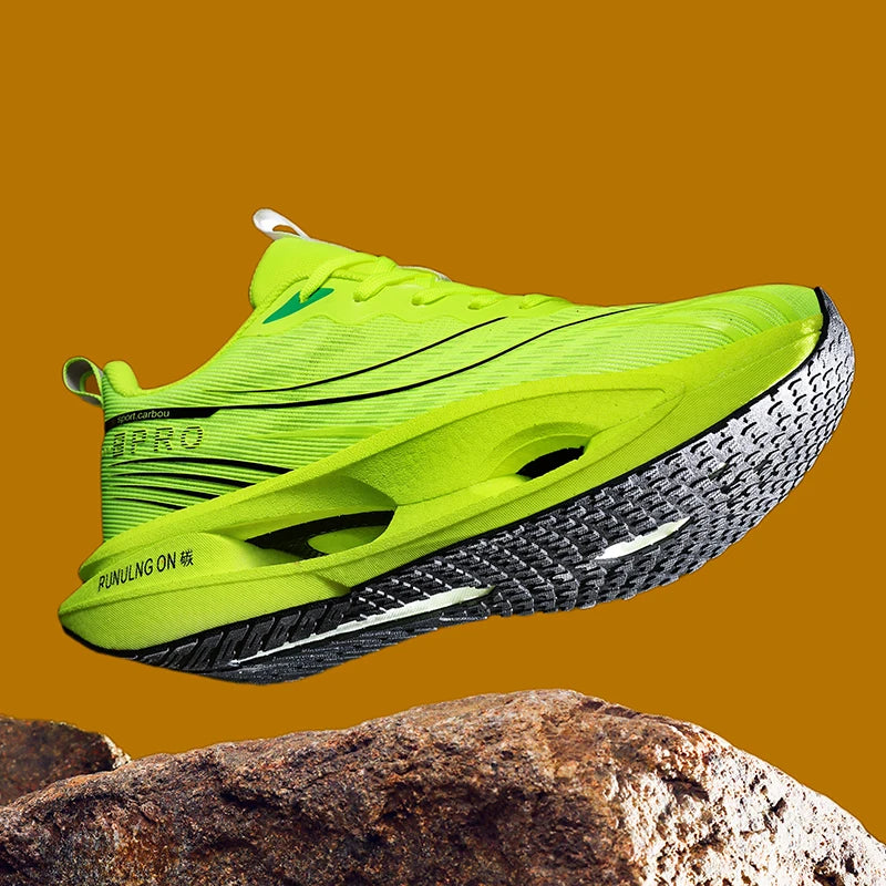 Bright green running shoe with black sole on a brown background