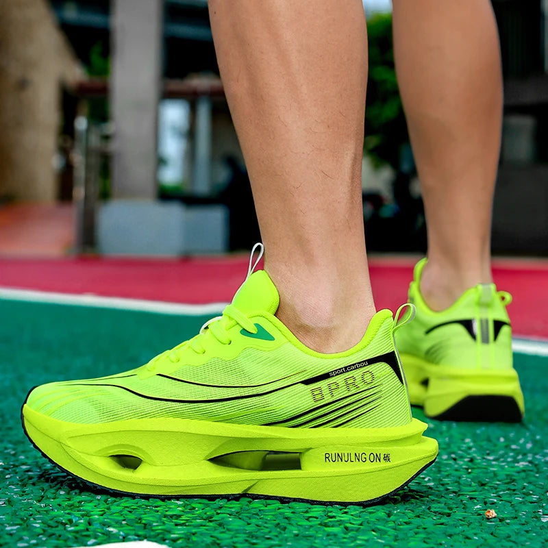 Bright green running shoes with 'B.Pro' branding on a sports field.