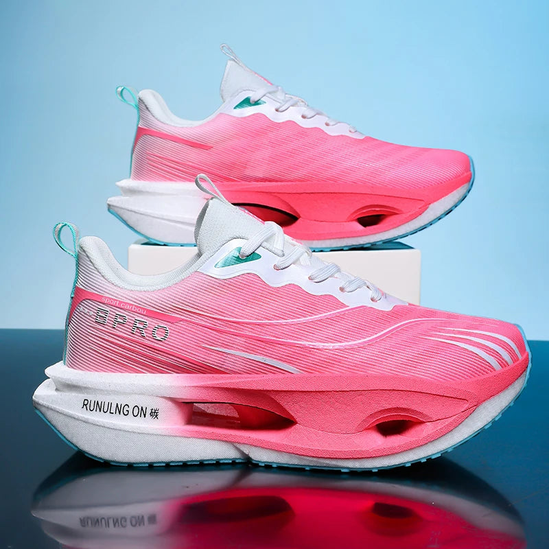 Pink running shoes with white soles on a reflective surface and blue background
