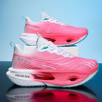 Pink running shoes with white soles on a reflective surface and blue background