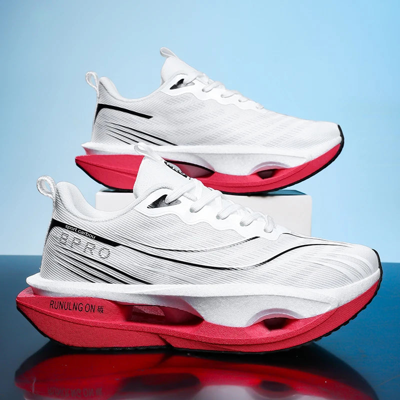 White and red running shoes on a reflective surface with a blue gradient background