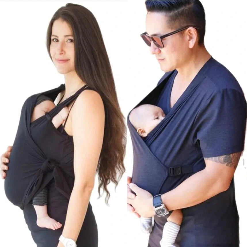 Two people using baby carriers on a white background