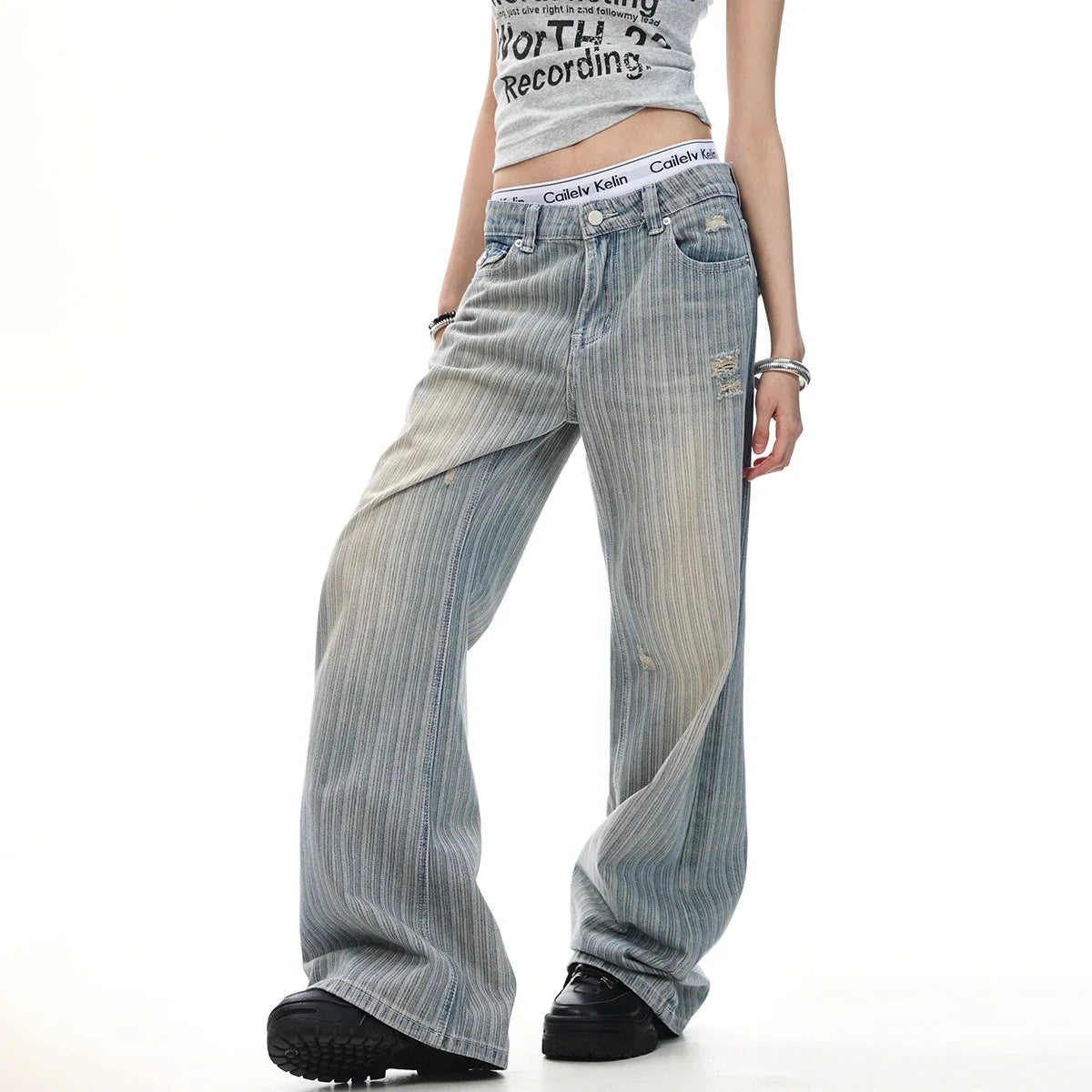 Striped Retro Denim Baggy Barrel Leg Jeans Micro Flared