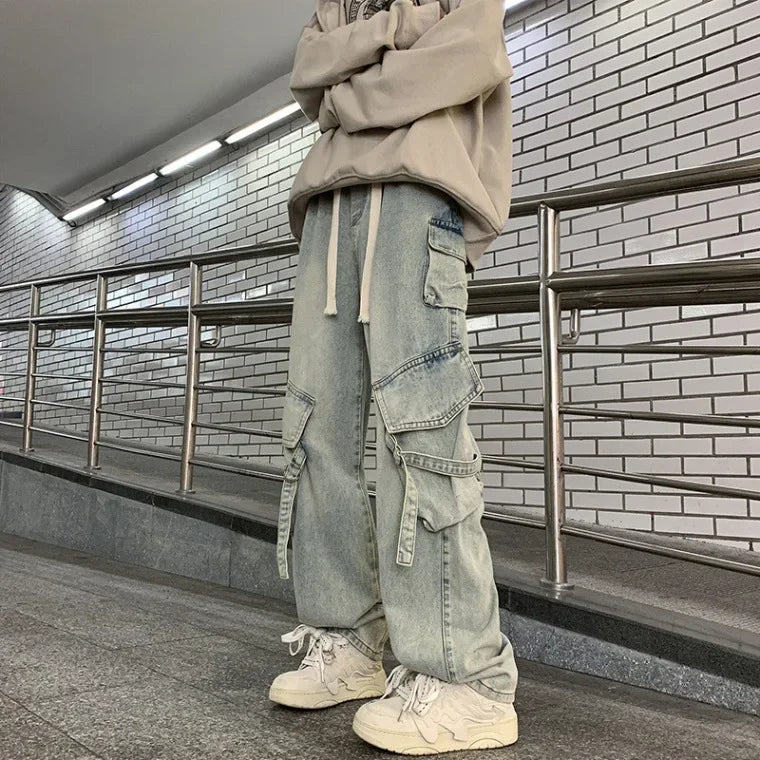 Baggy Oversized Cargo Loose Jeans Strappy American Streetwear Wide-Leg Style
