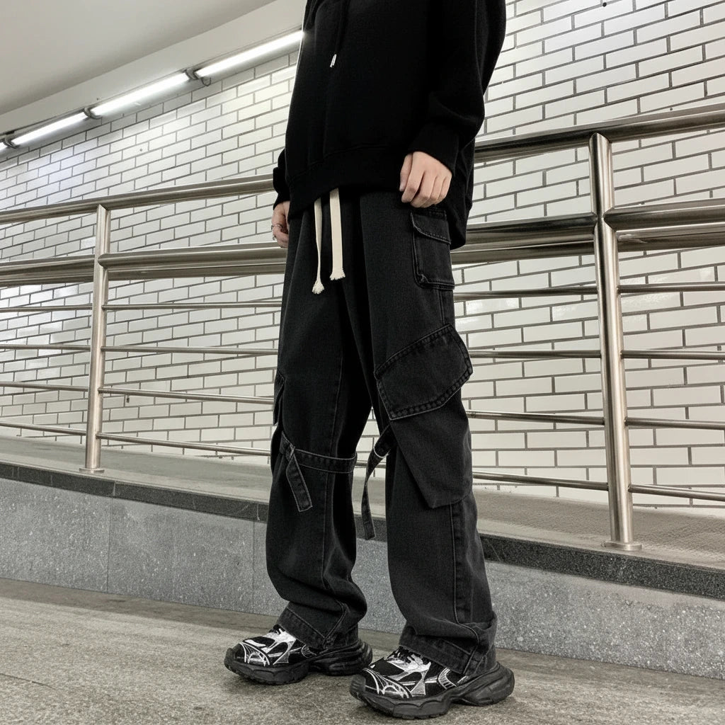 Baggy Oversized Cargo Loose Jeans Strappy American Streetwear Wide-Leg Style