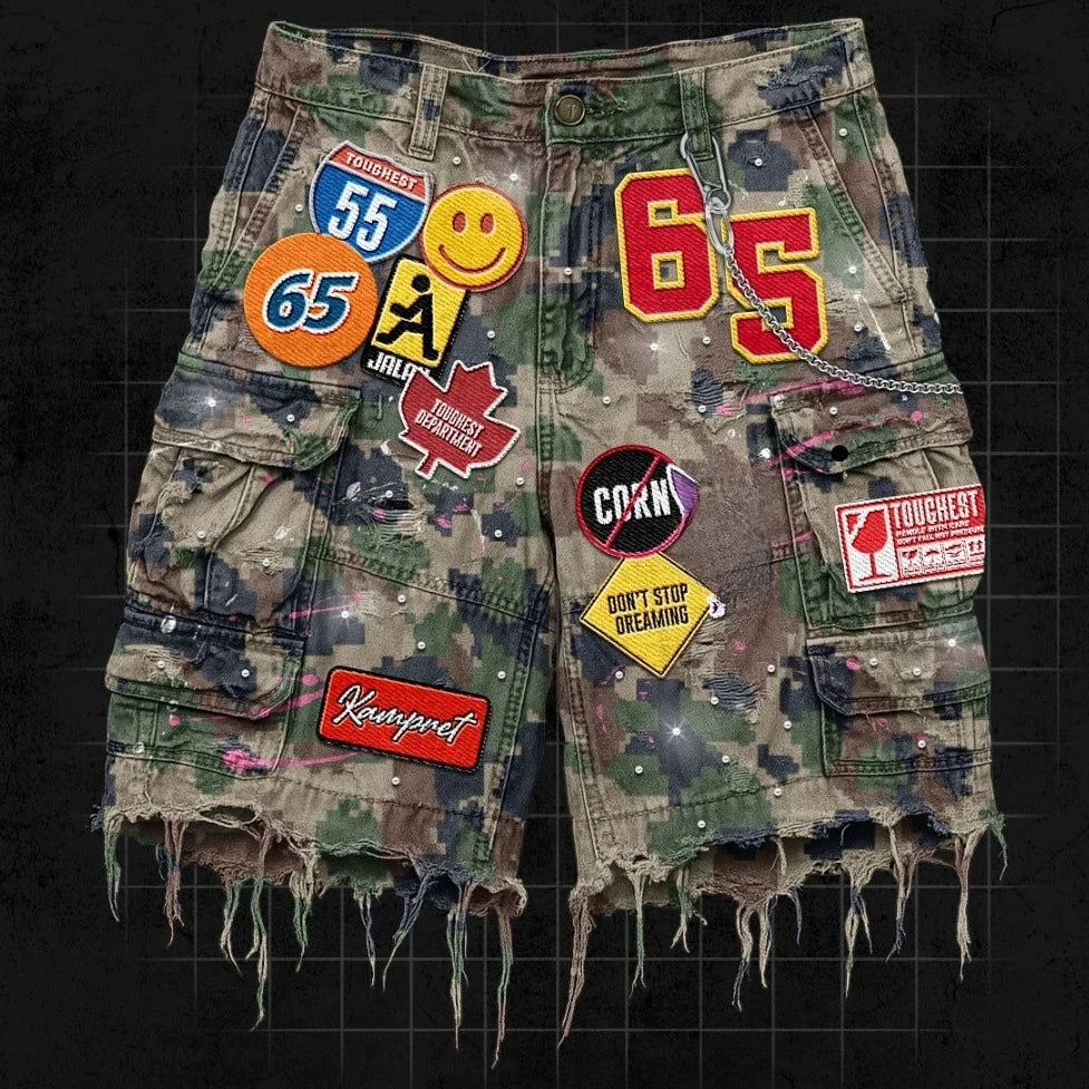 Baggy Streetwear Patchwork Denim Shorts Cartoon Graphics Jorts