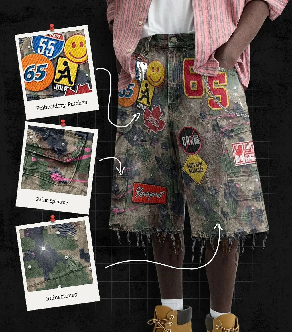 Baggy Streetwear Patchwork Denim Shorts Cartoon Graphics Jorts