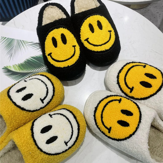 Smiley Face Slippers Happy Soft Fluffy Fur Comfortable Cute Smiling Bath House Shoes