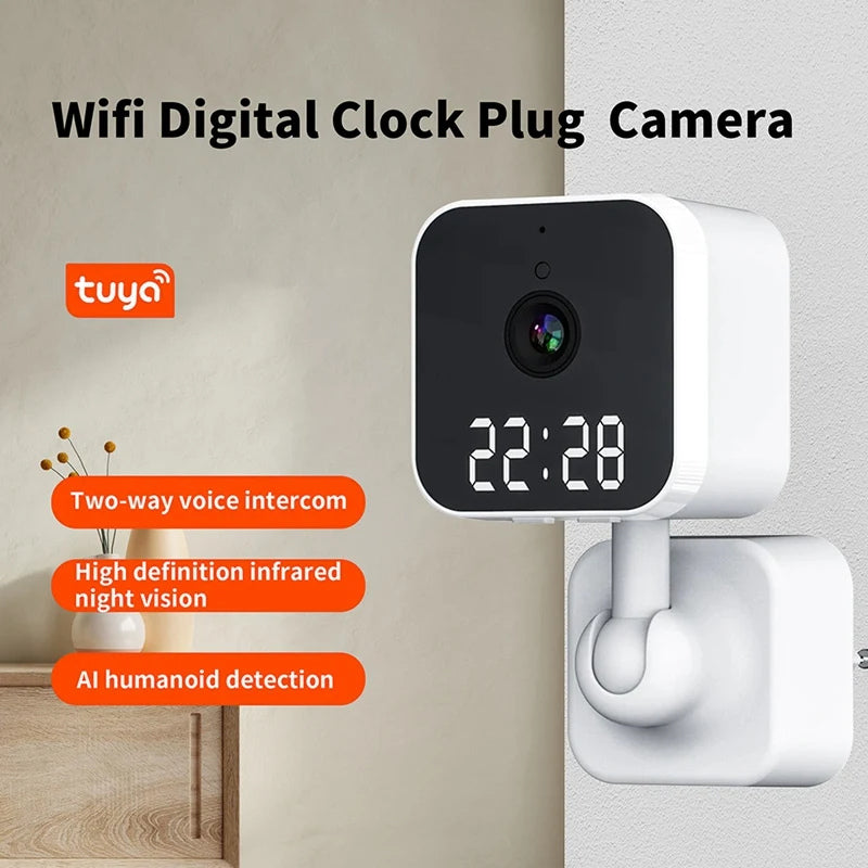 Plug In Home Security Camera Clock Electrical Wall Socket Speaker Two-Way Audio CCTV