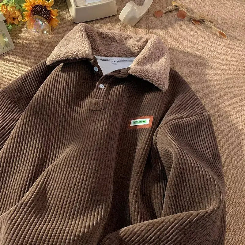 Corduroy Pullover With Sherpa Velvet Fleece Collar Warm Comfort Sweatshirt