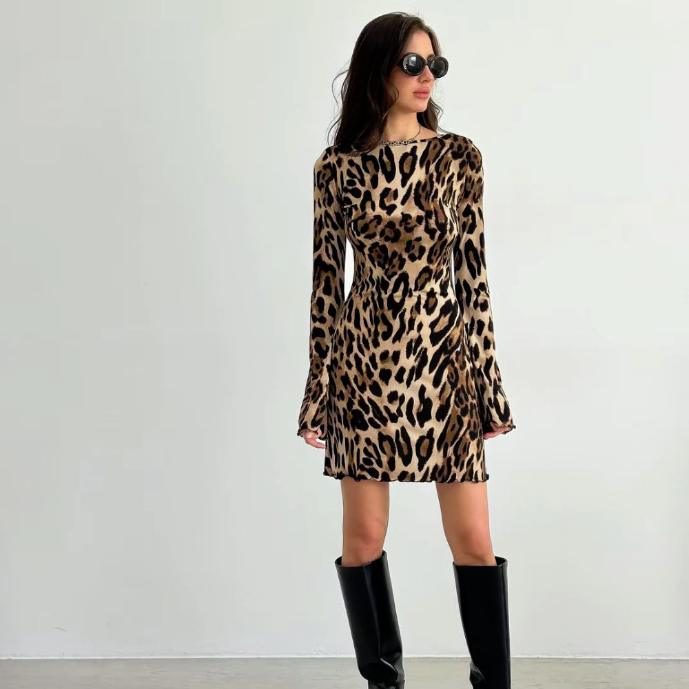 Leopard Print Mini Dress O Neck Long Sleeve Cocktail Party Top Women's