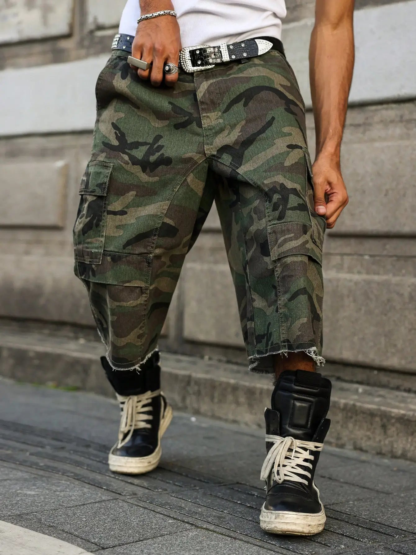 Men's Camo Cargo Denim Shorts Street Fashion Trend