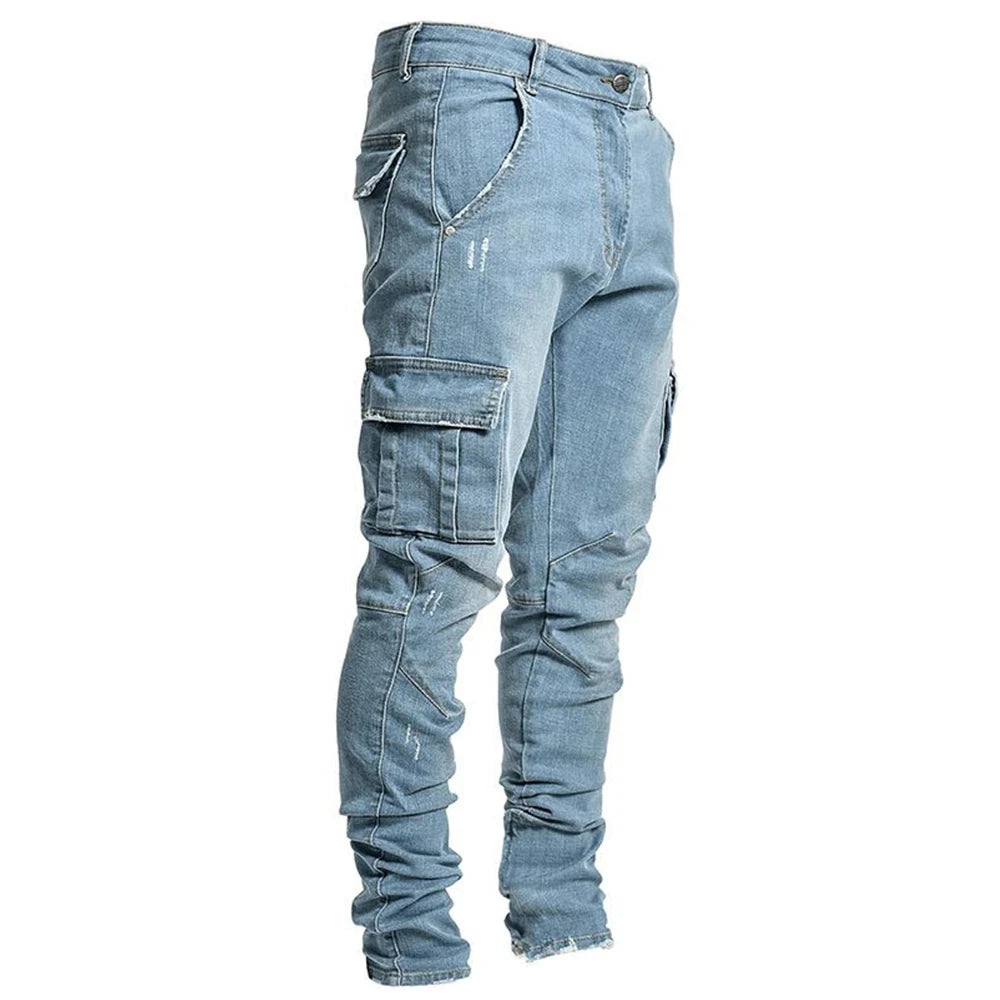 Street Denim Jeans Multi Pockets Elastic Pants Casual Mid Waist Slim Fit