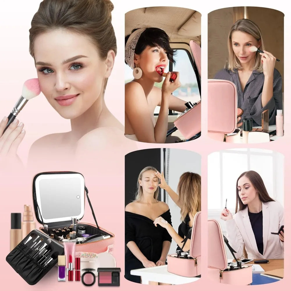 Deluxe Travel Makeup Bag Portable Cosmetics Beauty Case with LED Mirror