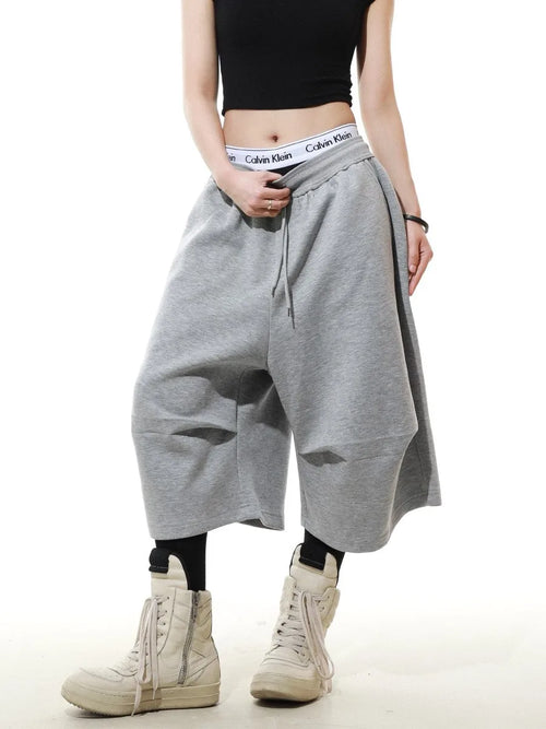 Ultra Long Baggy Sweat Shorts Irregular Pleat Wide Leg New Wave Streetwear