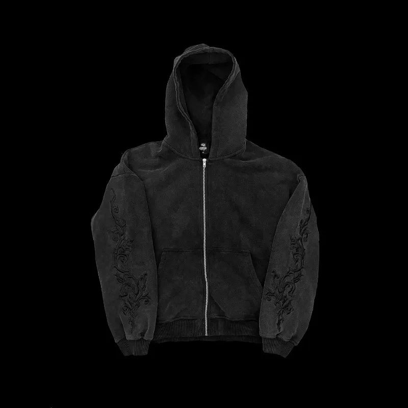 Vine Embroidered Hoodie Gothic High Street Washed Y2K Streetwear Unisex