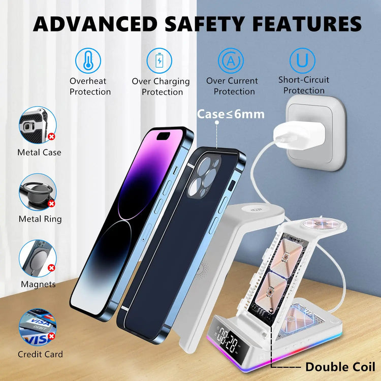 Wireless Charger Phone Stand Watch Earbuds Alarm Clock Night Light 15W Charging Dock iPhone Samsung