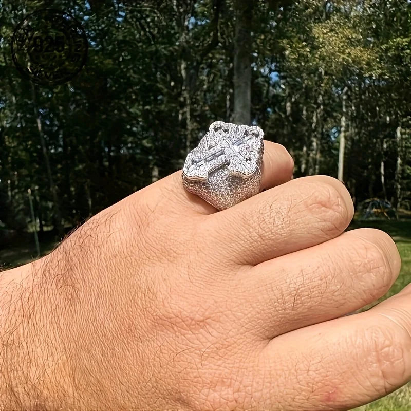 Bling Silver Cross Ring Sterling 925 Diamond Encrusted Iced Out Hip Hop Fashion Jewelry