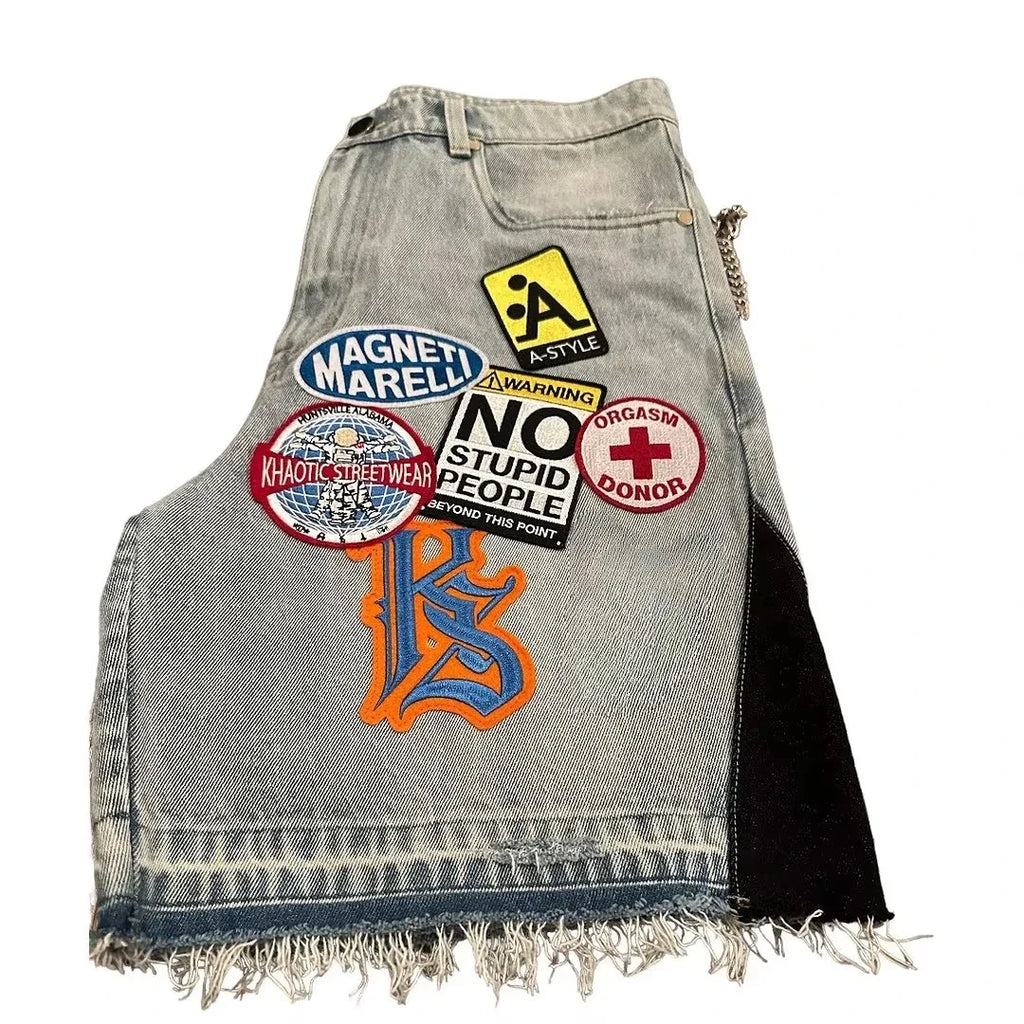 Baggy Streetwear Patchwork Denim Shorts Cartoon Graphics Jorts