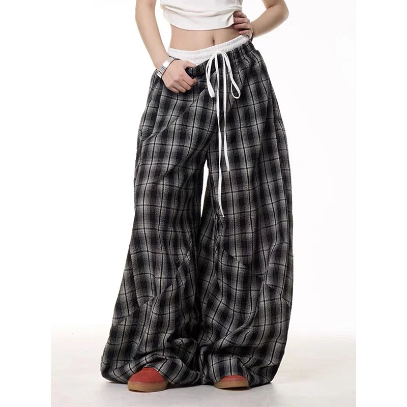 Double Waist Plaid Patchwork Wide Leg Baggy Pants