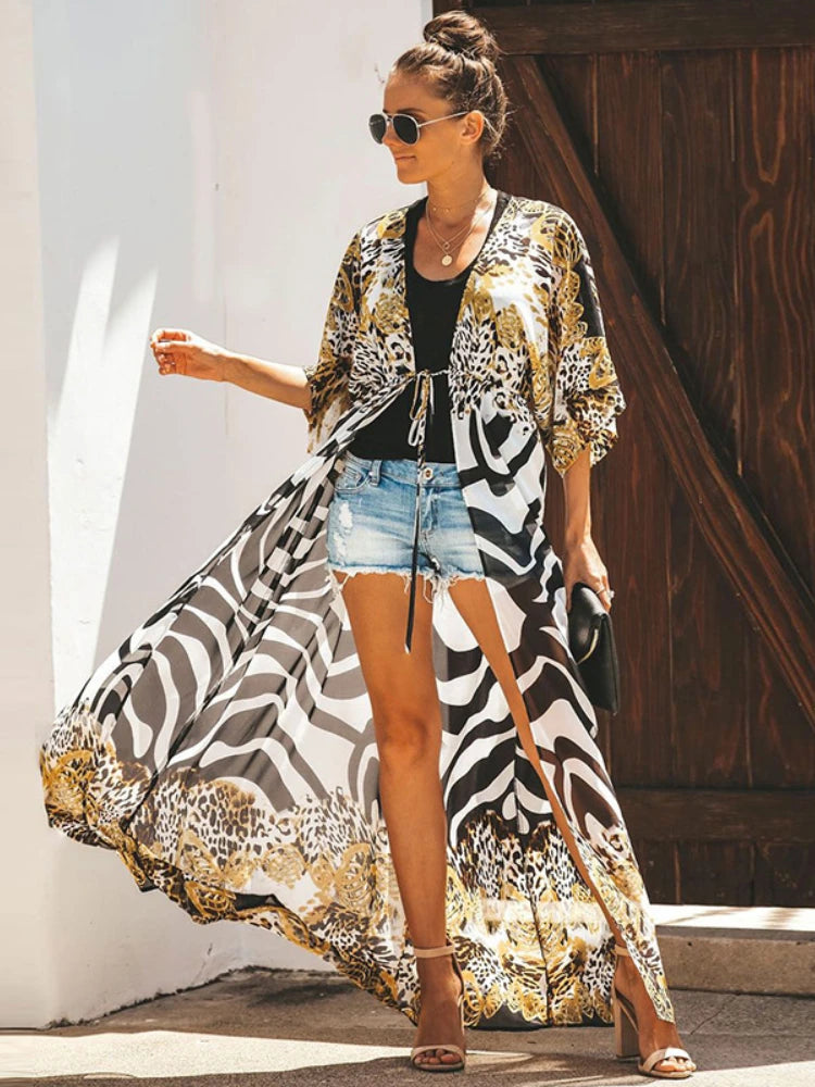 Bikini Cover Up Chiffon Beach Long Kimono Leopard Print