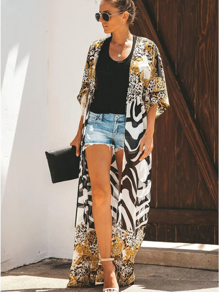 Bikini Cover Up Chiffon Beach Long Kimono Leopard Print