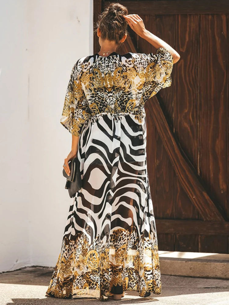 Bikini Cover Up Chiffon Beach Long Kimono Leopard Print