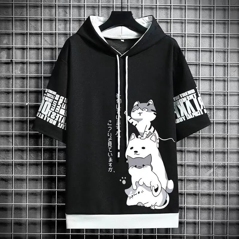 A black short-sleeve hoodie sweatshirt with a white drawstring and a graphic print of three cartoon cats on the front.