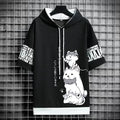 A black short-sleeve hoodie sweatshirt with a white drawstring and a graphic print of three cartoon cats on the front.