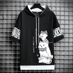 A black short-sleeve hoodie sweatshirt with a white drawstring and a graphic print of three cartoon cats on the front.
