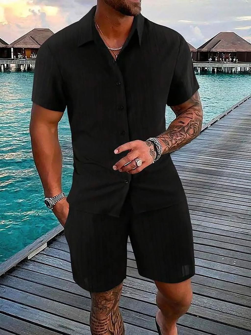 Men Casual Short Sleeve Shirt & Shorts 2pcs Combo Set Summer