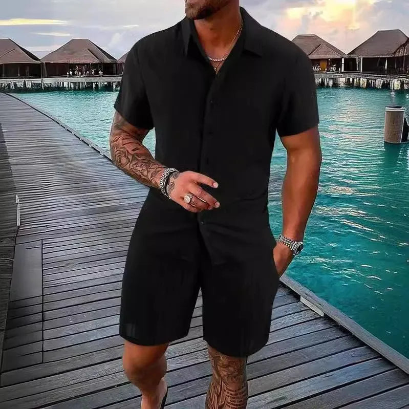 Men Casual Short Sleeve Shirt & Shorts 2pcs Combo Set Summer